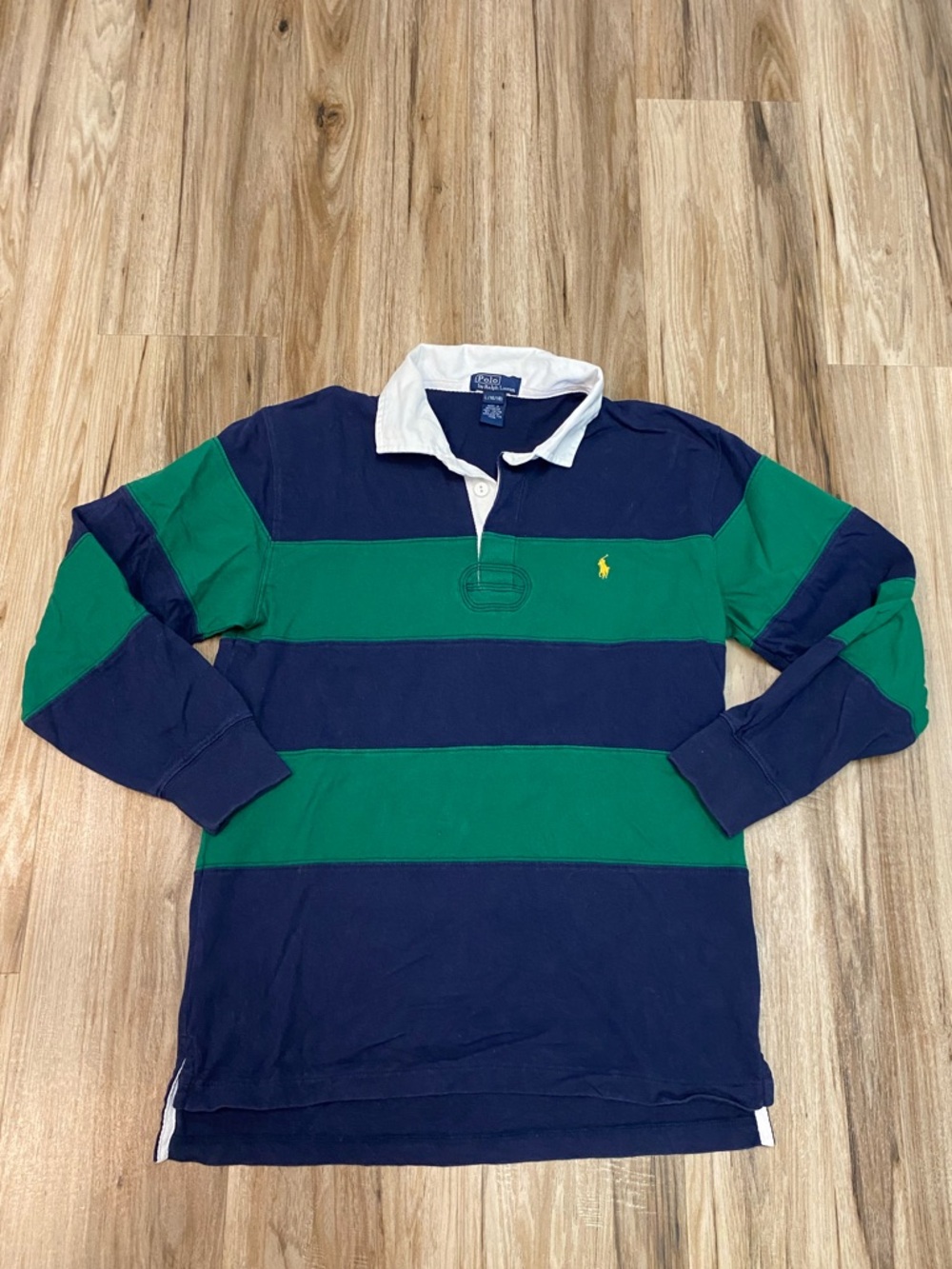 POLO RALPH LAUREN VTG STRIPED RUGBY BLUE GREEN LONG SLEEVE COTTON BOYS SZ LARGE